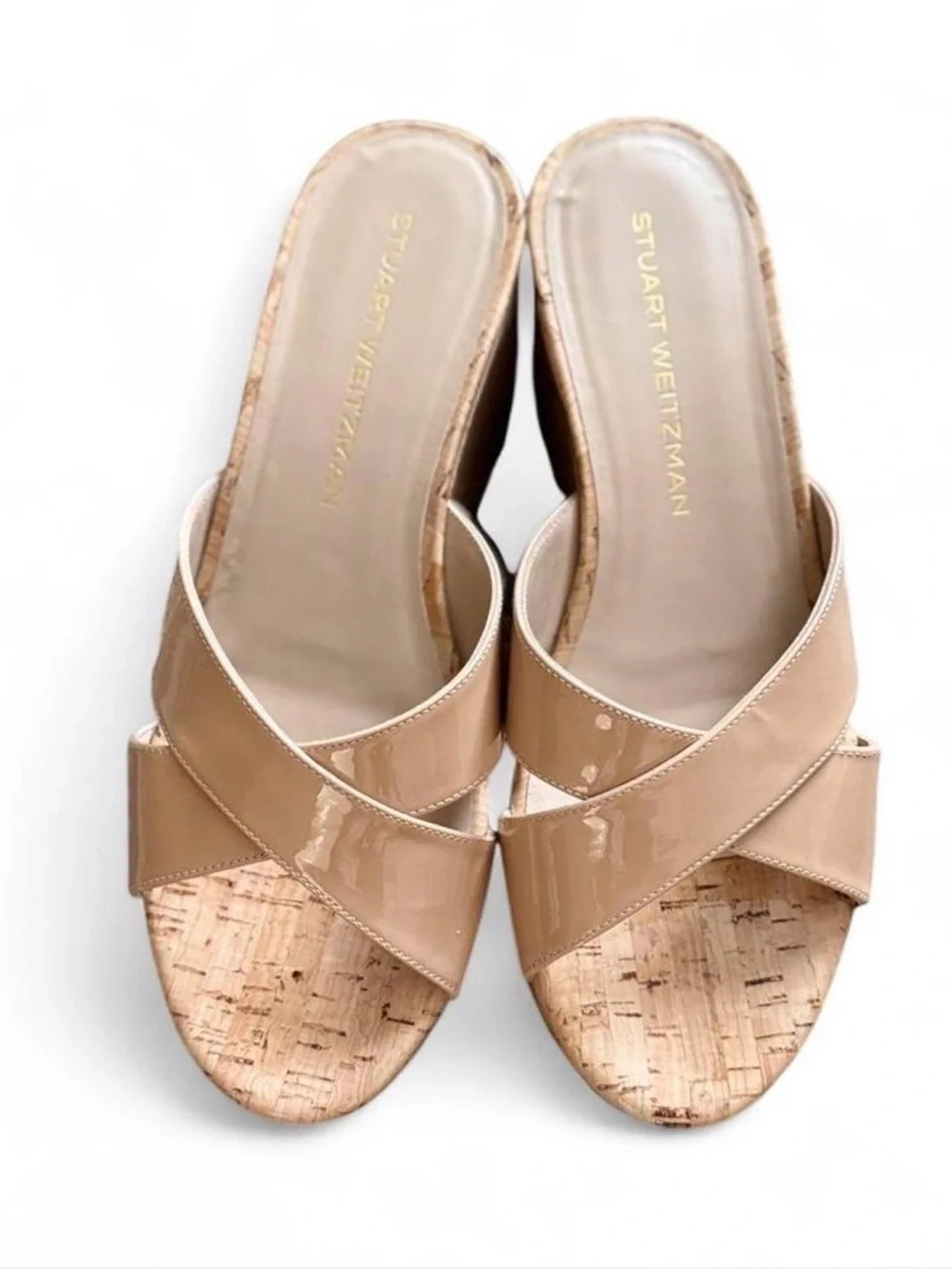 Stuart Weitzman Dayana Beige Patent Cork Wedge Slide